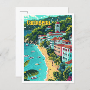 Cartagena Colombia Vintage Art Travel Illustration Postcard