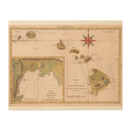 Carte des Isles Sandwich vintage Hawaii map Wood Wall Decor