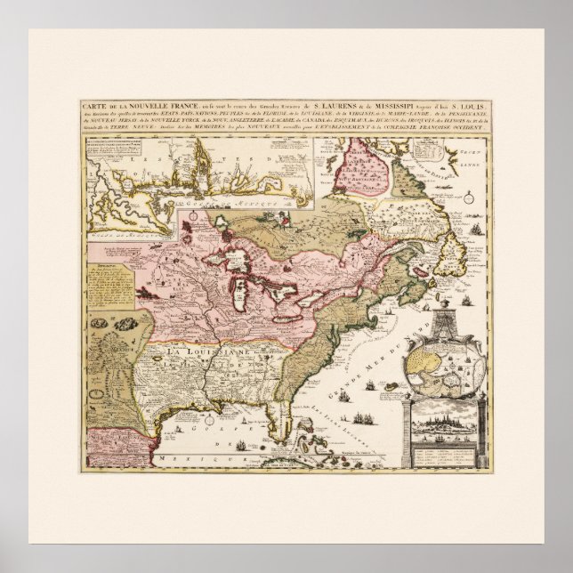 Carte Québec Nouvelle-France Amérique par Français Poster (Front)