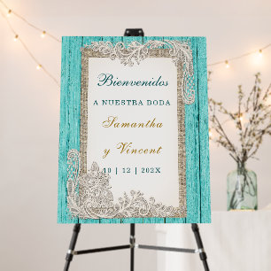 Cartel de bienvenida a la boda en verde azulado y  foam board