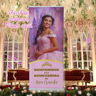 Cartel de Bienvenida Quinceanera Rosa Dorado Retractable Banner