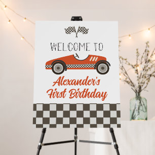 Cartón Pluma Bienvenida de primer cumpleaños de Carro Rojo Vint