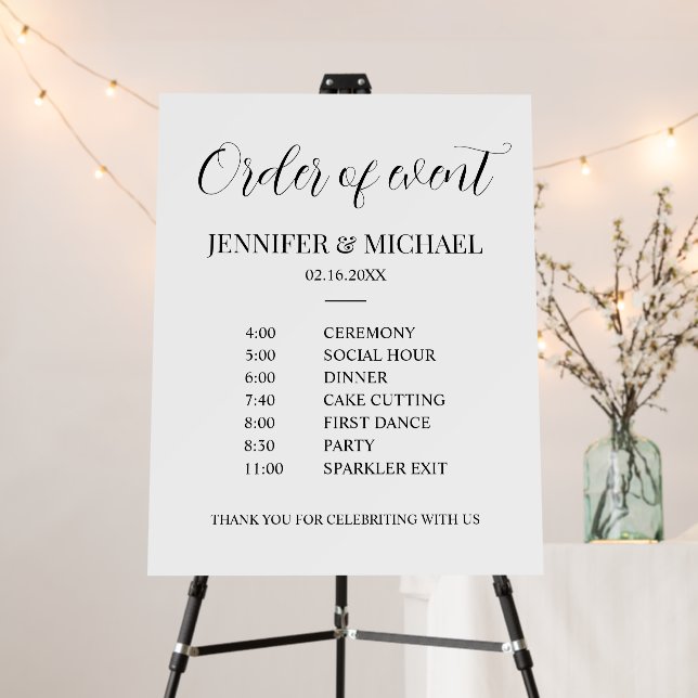 Cartón Pluma Order of event Wedding Sign black and (In Situ (Stand))
