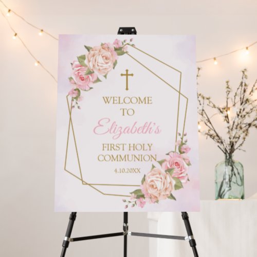 Cartn Pluma Pink Floral Communion Welcome Sign