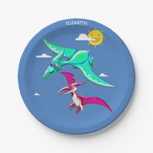 Cartoon Abstract Dinosaurs Known As Pterodactyl Paper Plates (Front)