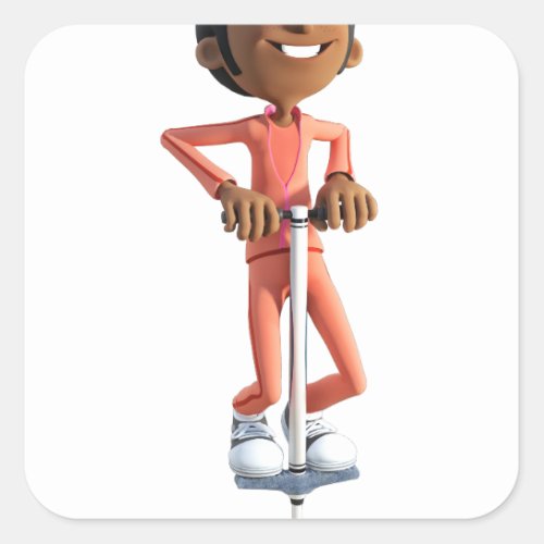 Cartoon African American Boy on a Pogo Stick Square Sticker