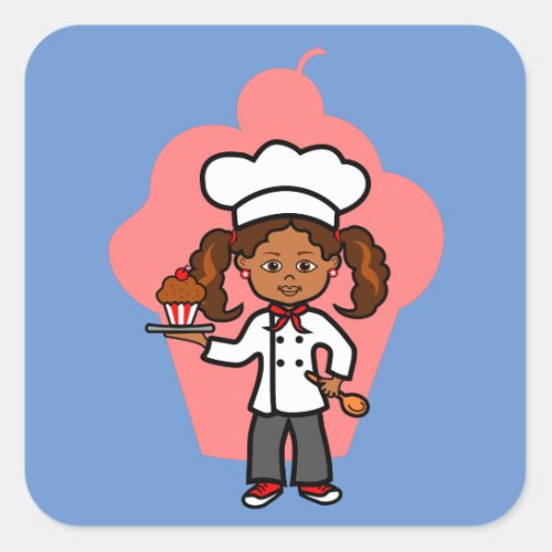 Cartoon African American Female Chef with Cupcake Square Sticker