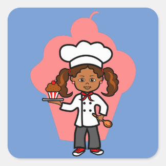 Cartoon African American Female Chef with Cupcake Square Sticker