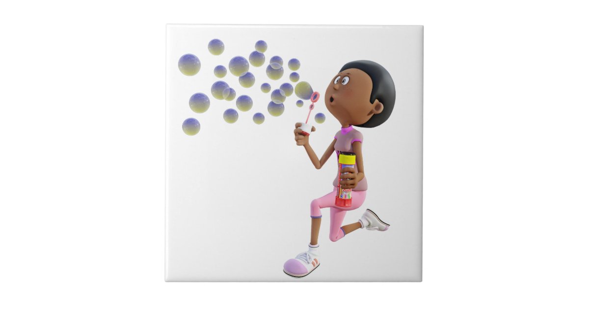 Cartoon African American Girl Blowing Bubbles Tile Zazzle Com
