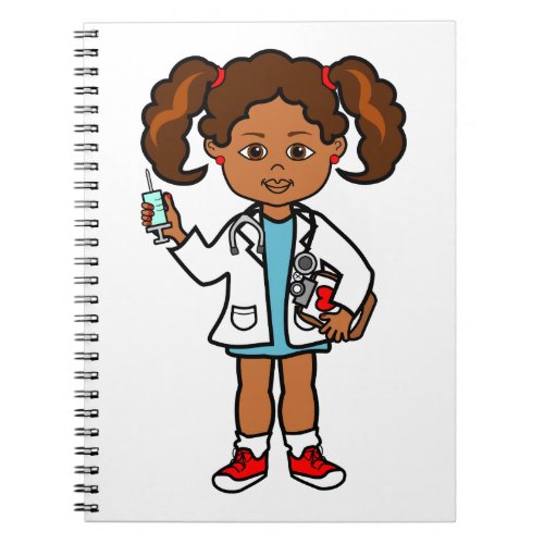 Cartoon African American Girl Doctor with Needle Notebook