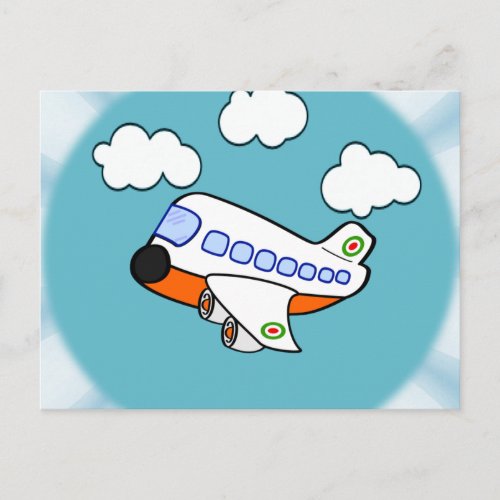 Cartoon Airplane in Clouds with Sunburst Postcard