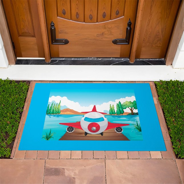 Cartoon Airplane on Lake Dock Fun Travel Adventure Doormat (Creator Uploaded)