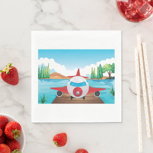 Cartoon Airplane on Lake Dock Fun Travel Adventure Napkins