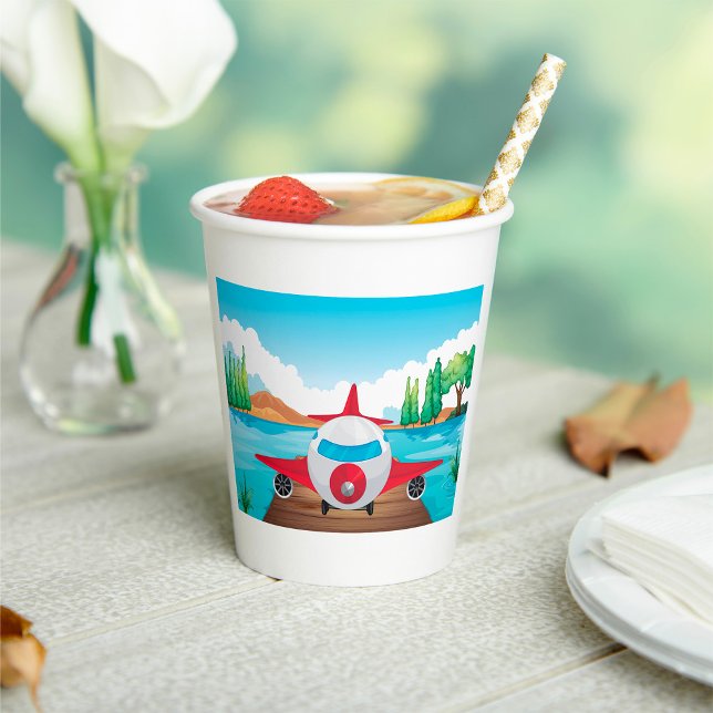 Cartoon Airplane on Lake Dock Fun Travel Adventure Paper Cups (Creator Uploaded)
