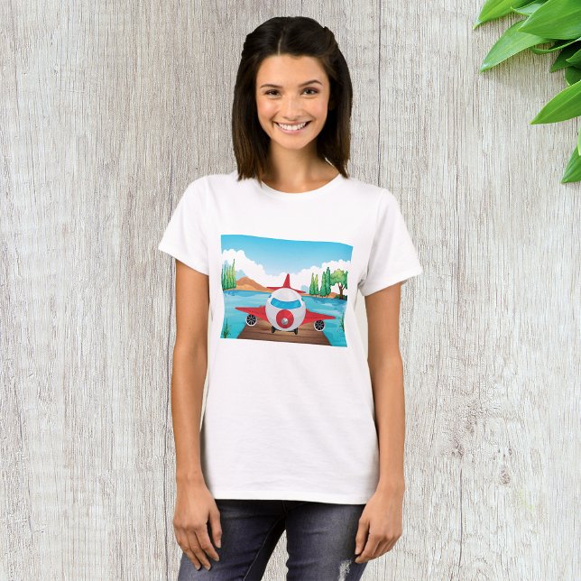 Cartoon Airplane on Lake Dock Fun Travel Adventure T-Shirt (Creator Uploaded)