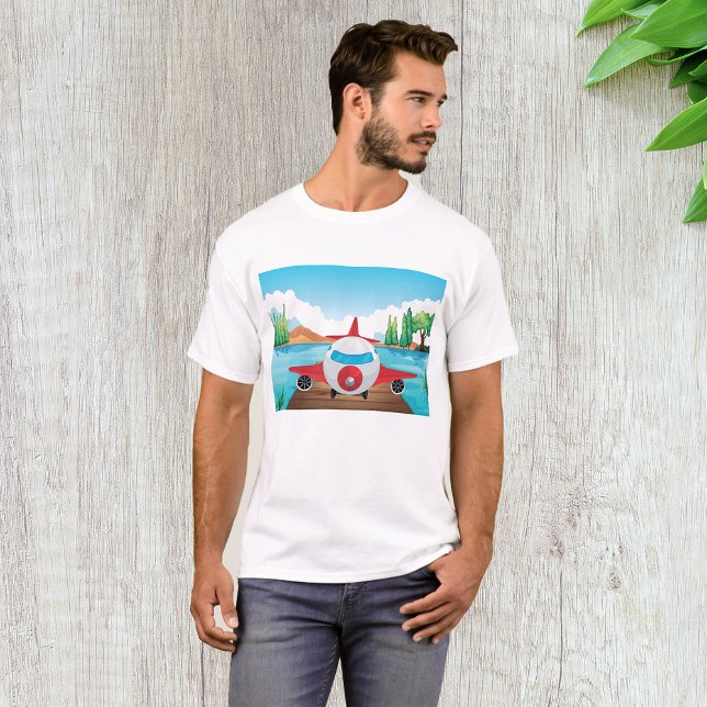 Cartoon Airplane on Lake Dock Fun Travel Adventure T-Shirt (Creator Uploaded)