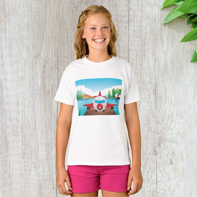 Cartoon Airplane on Lake Dock Fun Travel Adventure T-Shirt (Creator Uploaded)