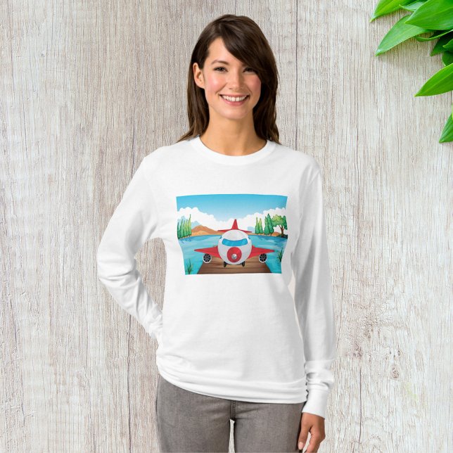 Cartoon Airplane on Lake Dock Fun Travel Adventure T-Shirt (Creator Uploaded)