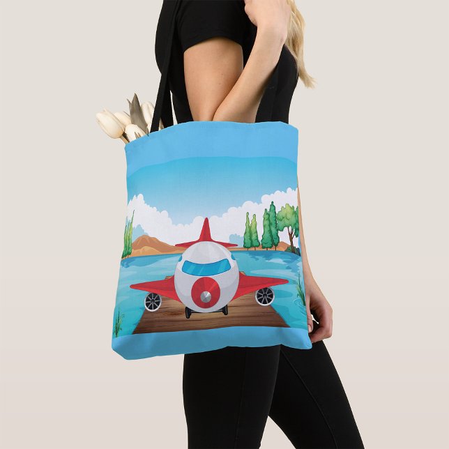 Cartoon Airplane on Lake Dock Fun Travel Adventure Tote Bag (Creator Uploaded)