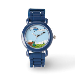 Cartoon Airplane Rural Landscape Blue Silicone Kid Watch