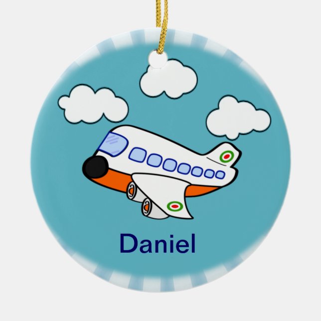 Cartoon Airplane with Name Ceramic Ornament (Front)