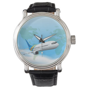 Cartoon Airplane World Map Classic Leather Wrist Watch