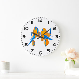 Cartoon Airplanes Vibrant Orange and Blue  Large Clock