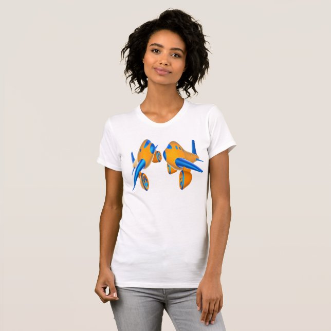 Cartoon Airplanes Vibrant Orange and Blue  T-Shirt (Front Full)