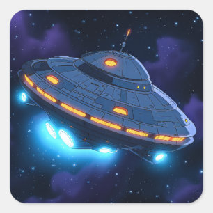 Cartoon Alien Spaceship Square Sticker