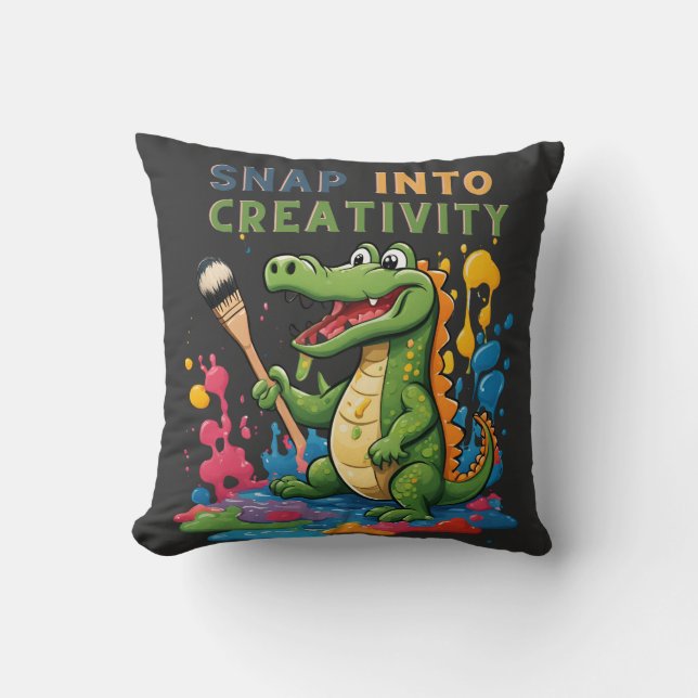 Cartoon alligator painting - snap into creativity throw pillow (Front)