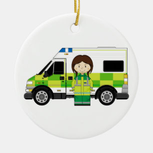 Cartoon Ambulance and EMT Ceramic Ornament