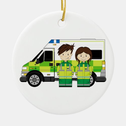 Cartoon Ambulance and EMTs Ceramic Ornament