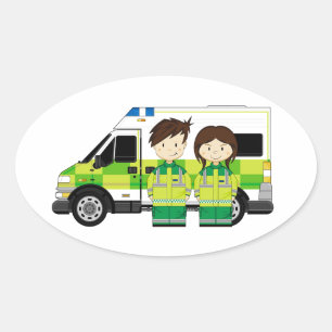 Cartoon Ambulance and EMT's Oval Sticker