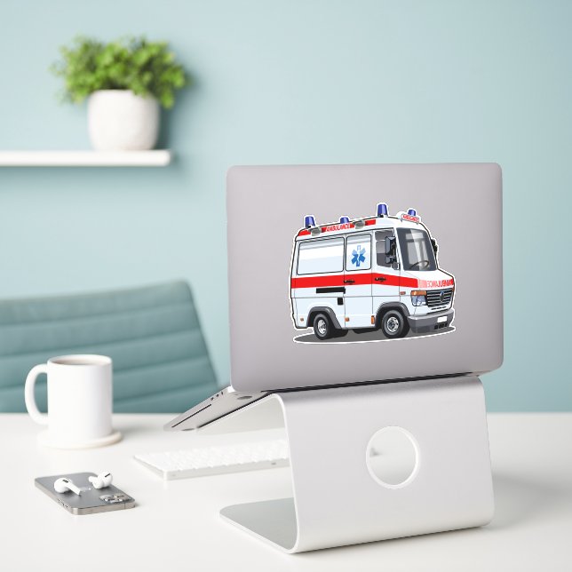 Cartoon Ambulance Car Sticker (Laptop On Desk)