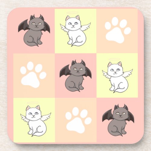 Cartoon Angel and Devil Cat Pawprint Pattern Beverage Coaster