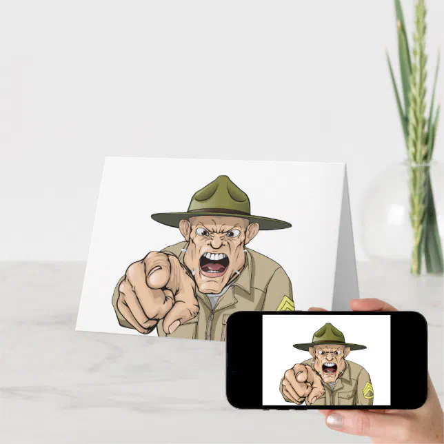 Cartoon angry army drill sergeant shouting card (Downloadable)