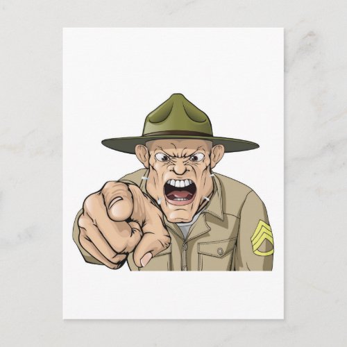 Cartoon angry army drill sergeant shouting postcard