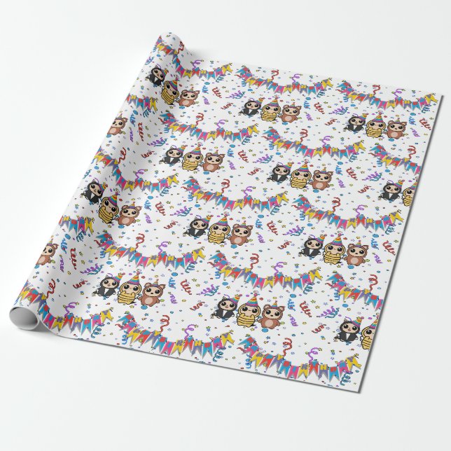 Cartoon Animal Birthday Wrapping Paper | Cute Gift (Unrolled)