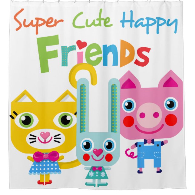 Cartoon Animal Friends Rabbit Cat Pig Shower Curtain (Front)