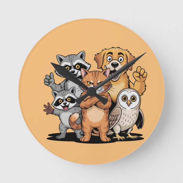 Cartoon Animal Friends Team Illustration Round Clock (Front)