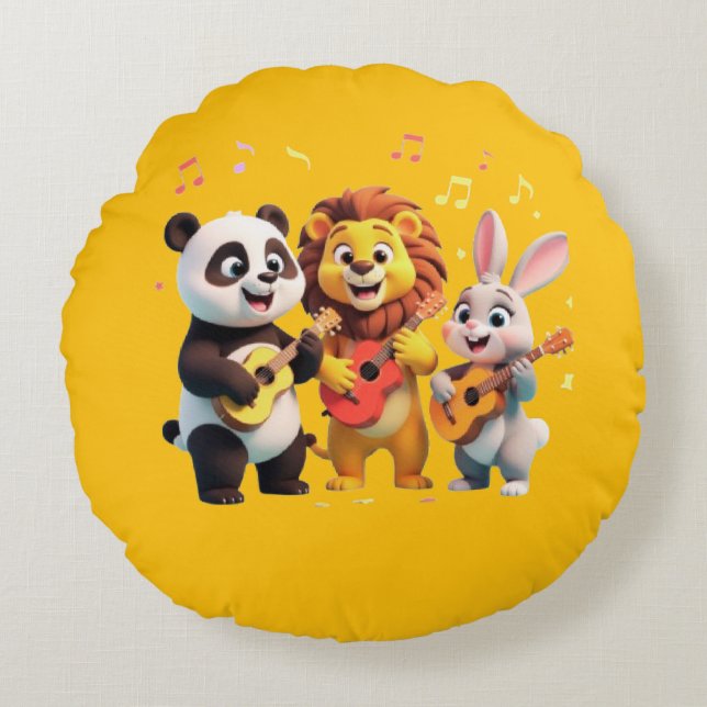 🎵 Cartoon Animal Music Party – Fun & Cute Musical Round Pillow (Front)