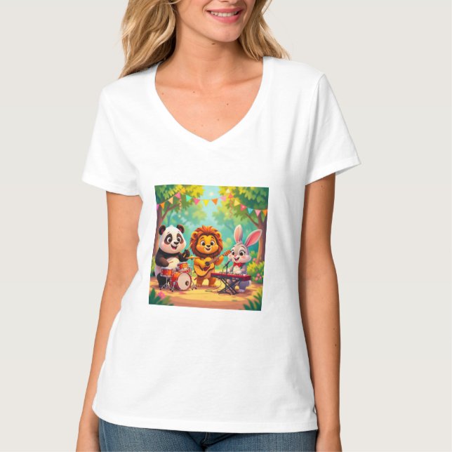 🎵 Cartoon Animal Music Party – Fun & Cute Musical T-Shirt (Front)