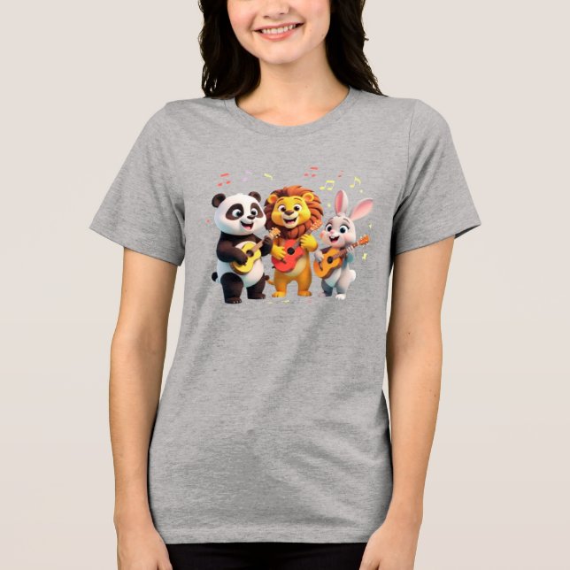 🎵 Cartoon Animal Music Party – Fun & Cute Musical Tri-Blend Shirt (Front)