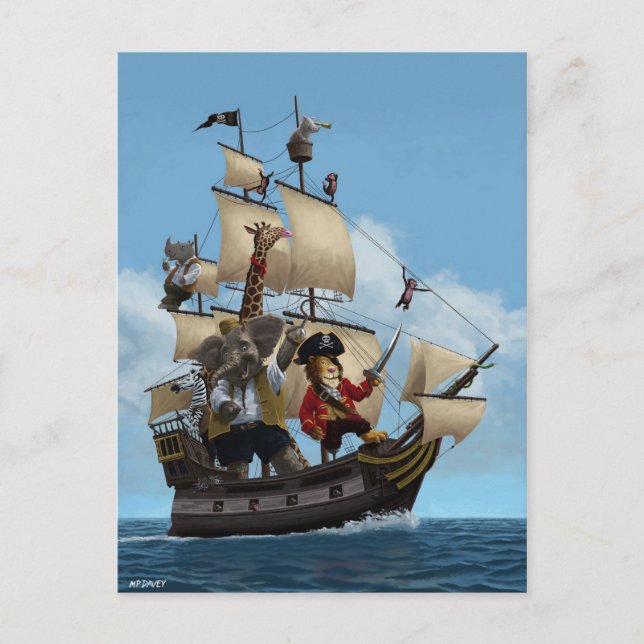 Cartoon Animal Pirate Ship Postcard (Front)