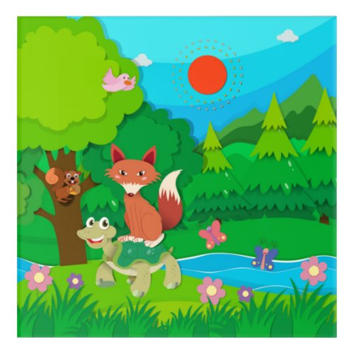 Cartoon Animals Around a Pond in Green Landscape  Acrylic Print