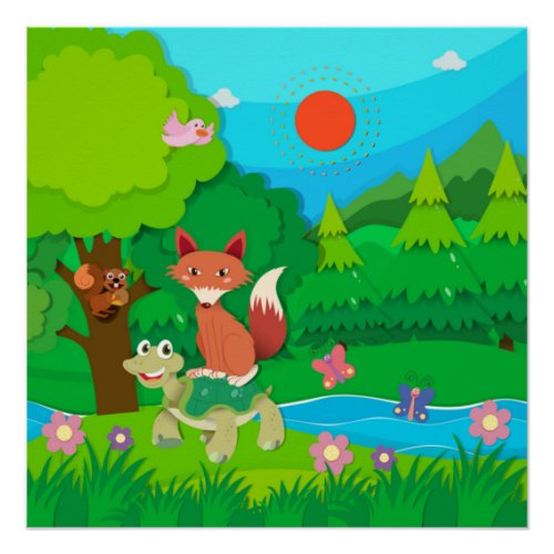 Cartoon Animals Around a Pond in Green Landscape   Poster