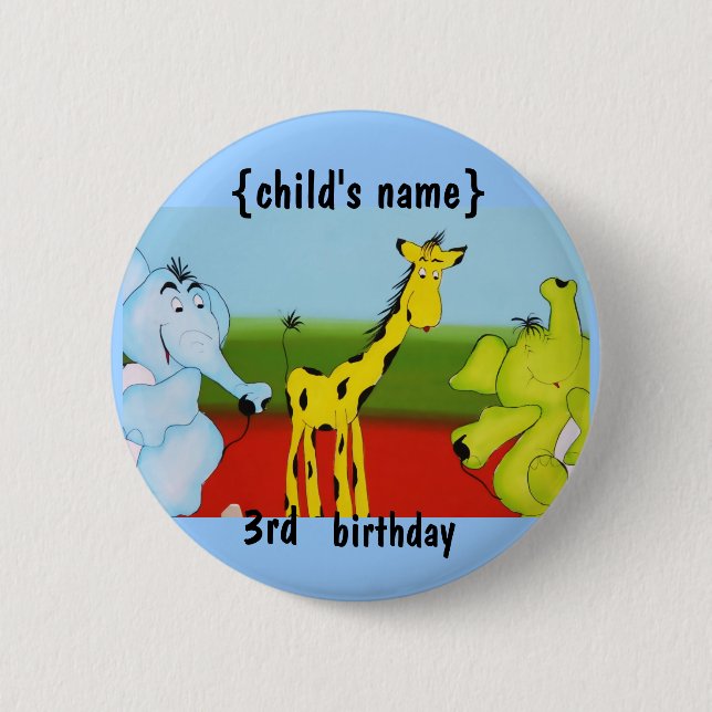 cartoon animals birthday party pinback button (Front)