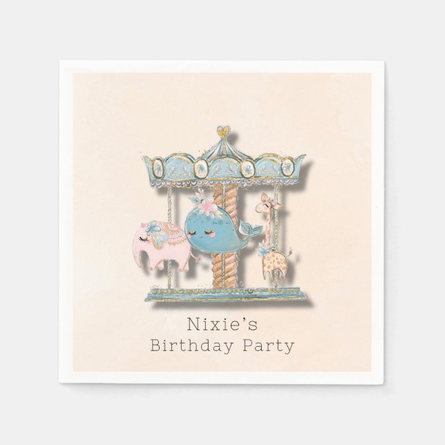 Cartoon Animals Carousel Birthday Party Napkins (Front)