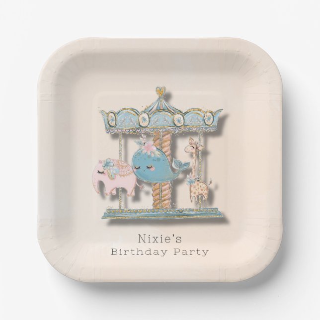 Cartoon Animals Carousel Birthday Party Paper Plates (Front)