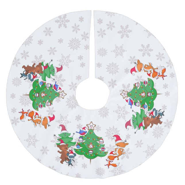 Cartoon Animals Dancing Around the Christmas Tree Brushed Polyester Tree Skirt (Front)